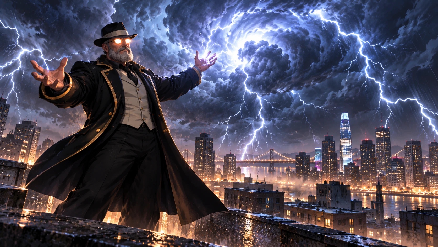 The same bearded gentleman in a black coat, waistcoat, and fedora stands on a wet rooftop at night with both arms spread wide and his eyes blazing, while a vast storm turns above the city, lightning forking down around the towers and the bay bridge.
