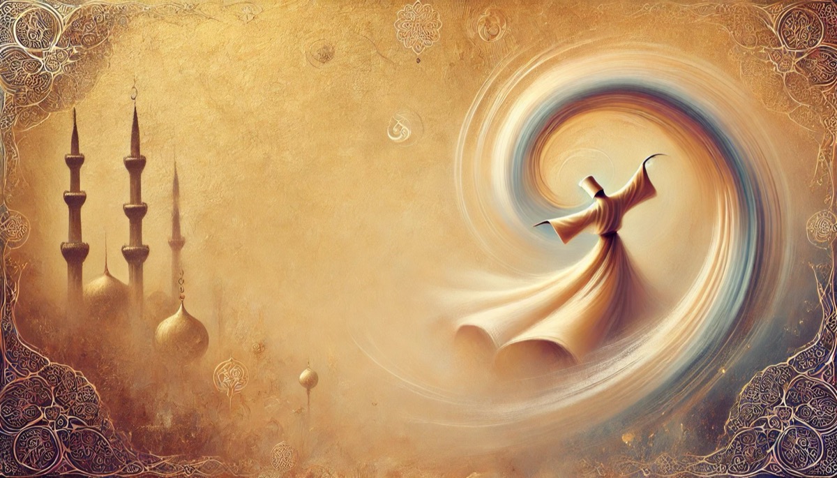 A wide painted banner in gold tones: minarets and domes on the left, a whirling dervish turning inside a spiral of light on the right.