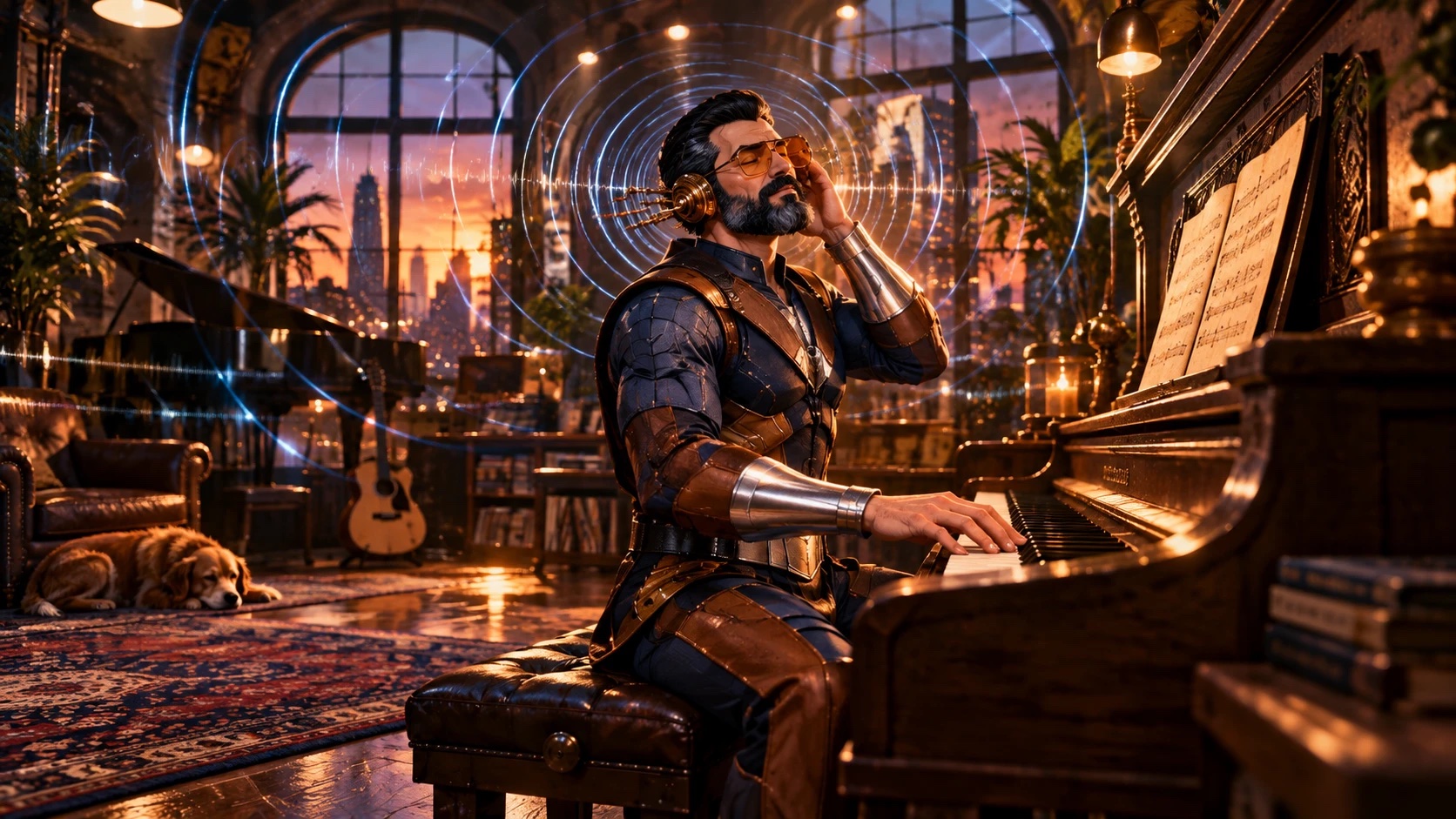 A bearded man in navy and bronze armor, with small brass emitters over his ears and amber glasses, sits at an old upright piano with one hand on the keys and the other at his ear, head tilted, eyes closed, concentric rings of sound spreading through a warm room of books, lamps, and plants, a guitar and a grand piano behind him, a dog asleep on the rug, and the city through tall windows at dusk.