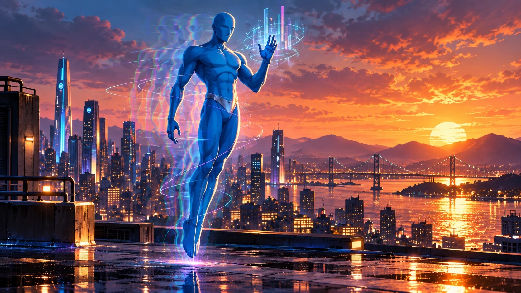 A slender blue figure hovering above a wet rooftop at sunset, trailing faint afterimages of himself, one hand raised toward a floating holographic display, the city and a lit suspension bridge over the bay behind him.