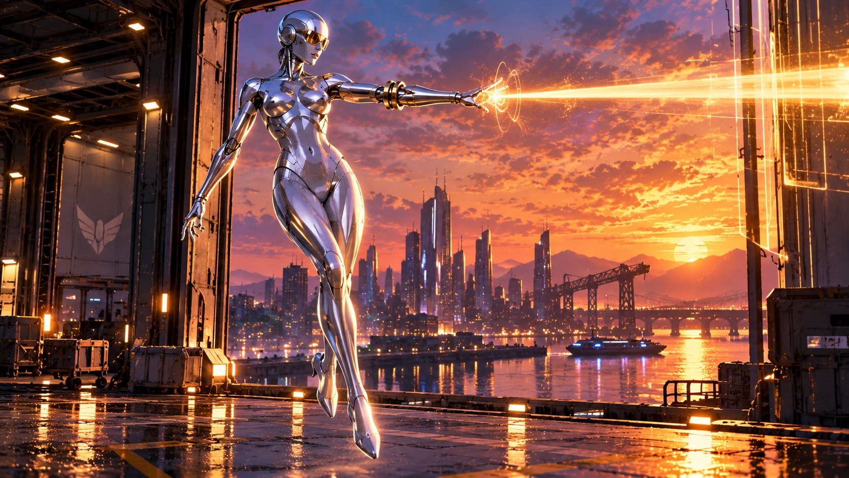 A chrome robot woman hovering at the open door of a loading bay at sunset, one arm extended with a thin golden beam leaving her hand, the city skyline, a harbor crane, and a bridge across the water behind her.