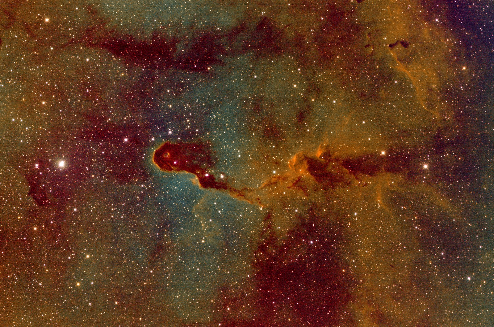 The same field in false color: the whole frame filled with gold and teal gas, the dark trunk curling in from the right with a gold-rimmed edge and a round hole in its head, and darker dust lanes across the top.