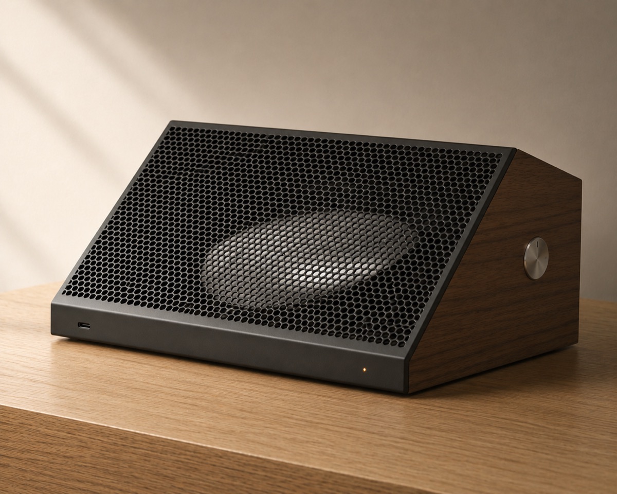 A rendered low wedge-shaped speaker with a fine black hexagonal mesh across its sloped top, walnut-look sides, and one round steel knob.