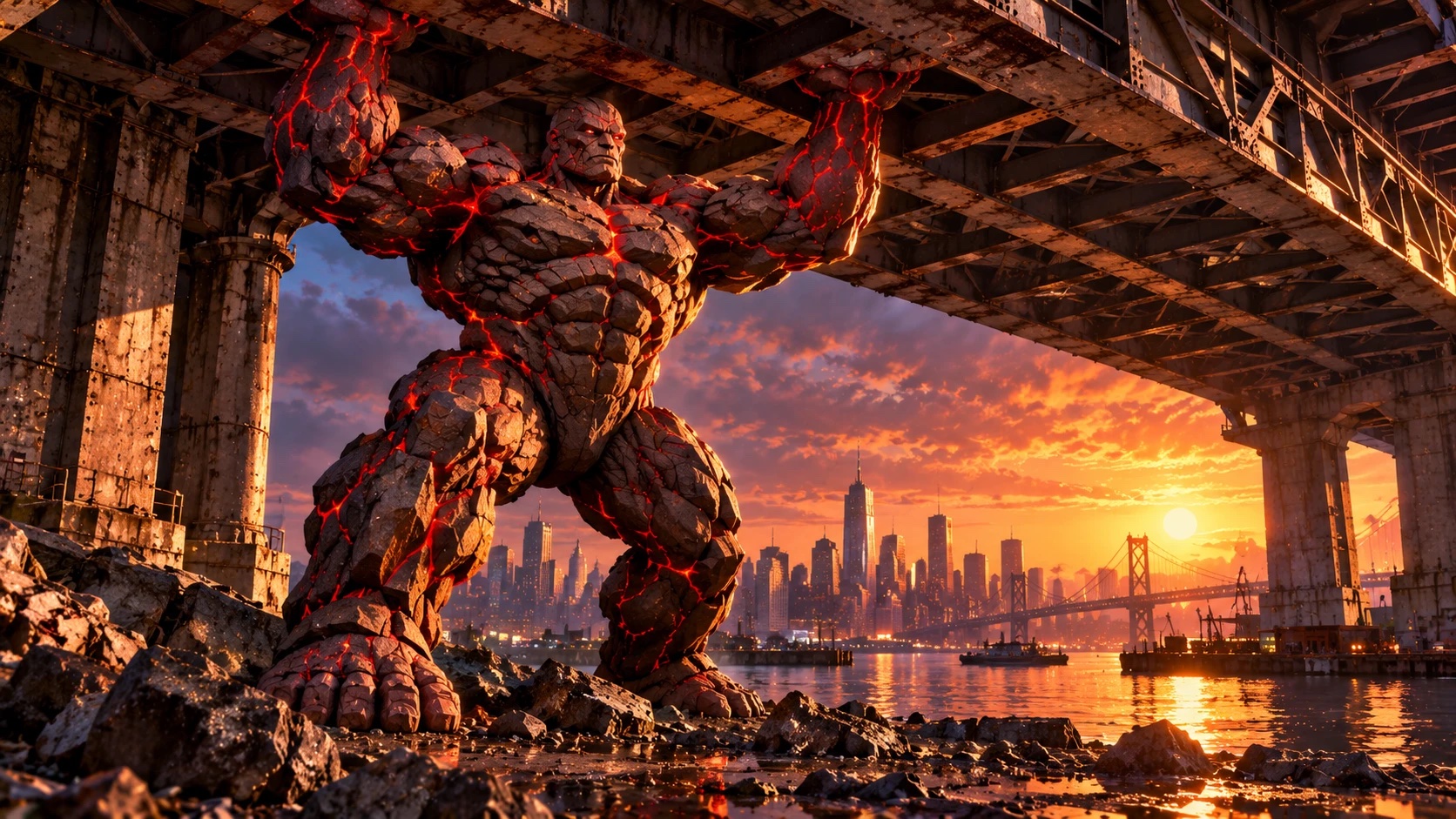 A huge man made of dark stone, with glowing red ember lines running through the cracks, stands braced on a rocky shore under an iron bridge deck, both arms raised and holding it up, the city skyline and a suspension bridge across the water behind him at sunset.